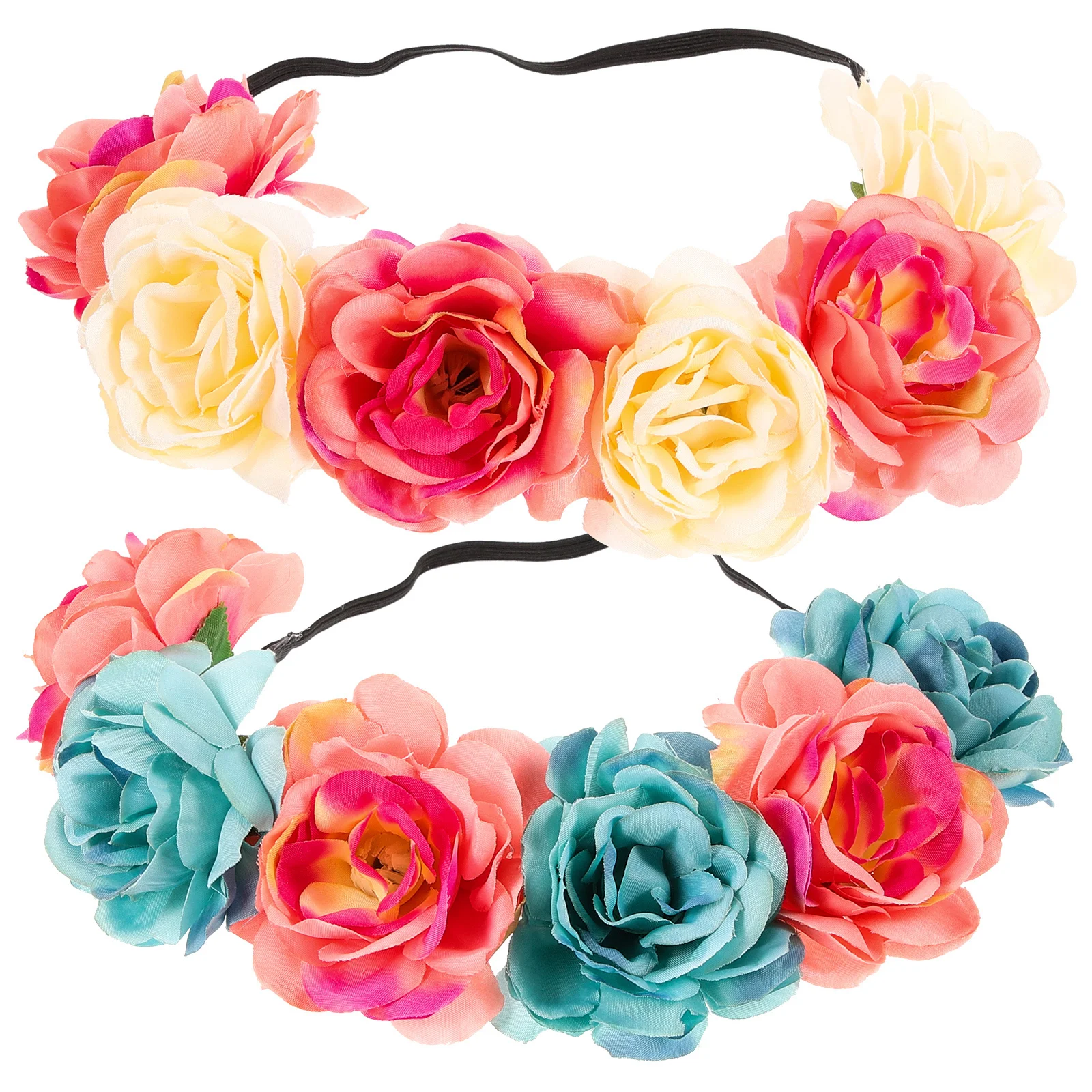 

2Pcs Artificial Rose Flower Hairband Colorful Elastic Adjustable Floral Headpiece Bridal Bridesmaids Wedding Hair Wreath