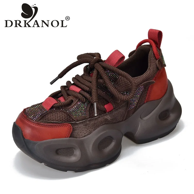 DRKANOL Women Casual Dad Shoes Thick Sole Chunky Platform Genuine Leather Air Mesh Shining Rhinestone Mixed Colors Women Shoes