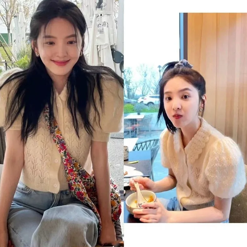 

Мягкий вязаный топ с ажурным узором и воротником-куклой для женщин, нежный и элегантный, цвет M, от Zhang Ruolan