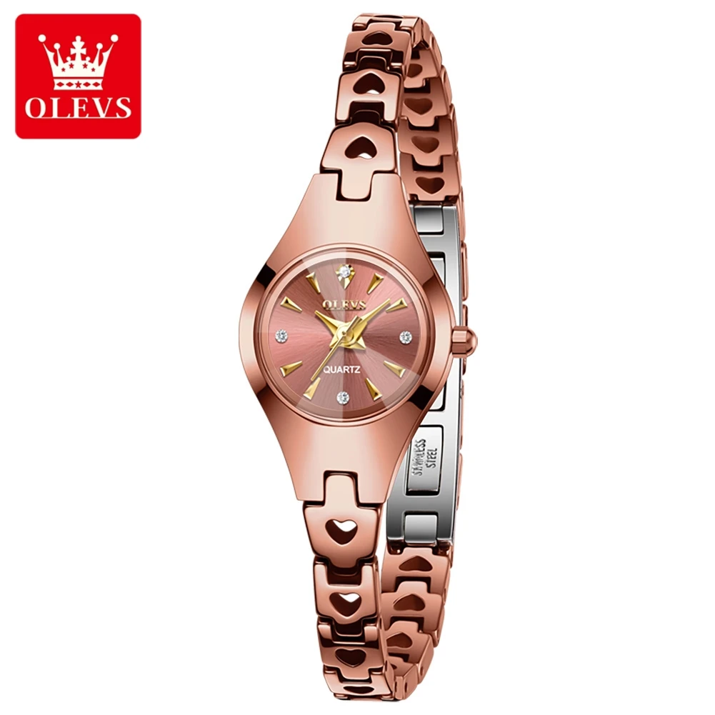 OLEVS 7082 Woman Watch Hollowed Love Heart Tungsten Steel Strap Original Quartz Watches for Women Elegant Rhombus Mirror Watches
