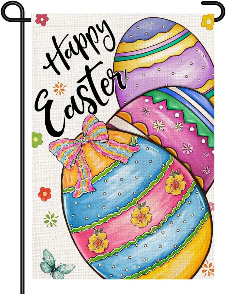 Happy Easter Garden Flag 12x18 Inch Double Sided Small Yard Sign, Colorful Easter Eggs with Bow Spring Outdoor Decor for Por ZZM