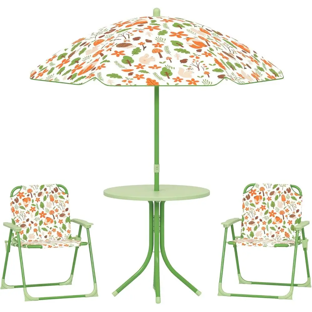 

Green Outdoor Toddler Picnic Table and Chair Set with Foldable Chairs and Removable Umbrella for Backyard or Garden Activities