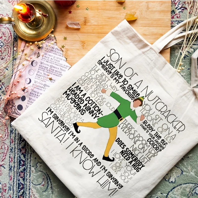 Buddy Elf Santa I Know Him Pattern Tote Bag Canvas for Travel Daily Women's Reusable Christmas Gift Trendy Folding Shoulder Bag