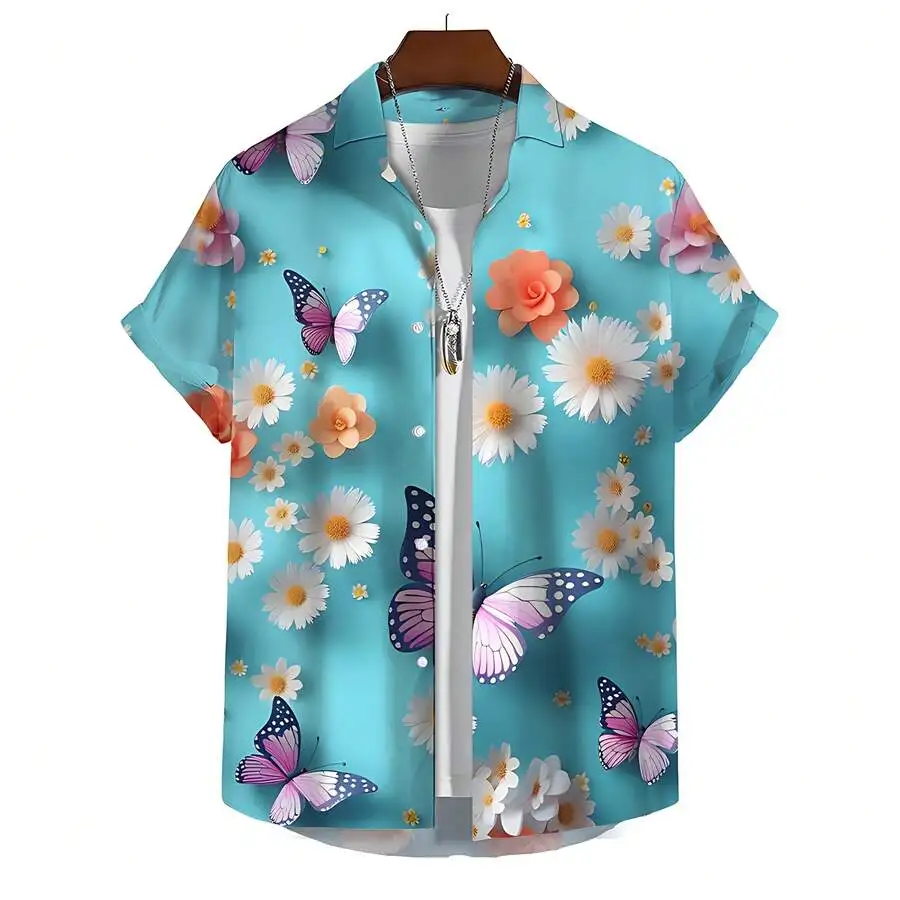 

3D Floral Butterfly Print Casual Short Sleeve Button Up Shirt For Men Summer Beach Wear