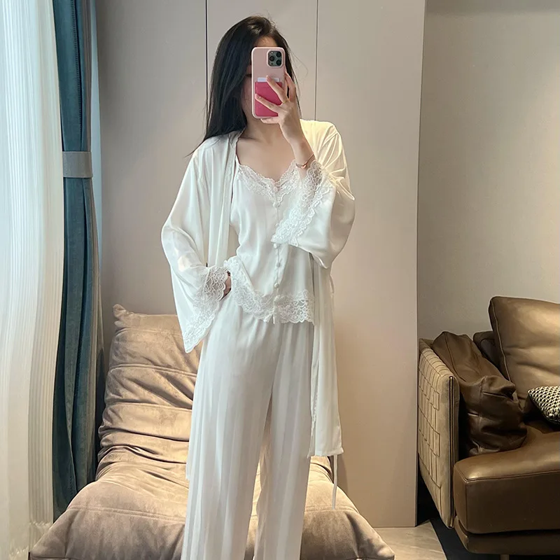 Spring Pajamas 3 Piece Set Silk Rayon Home Clothes Luxury Sleepwear Women Long Sleeve Shirt&pants Outfit Loungewear Nightwear ﻿