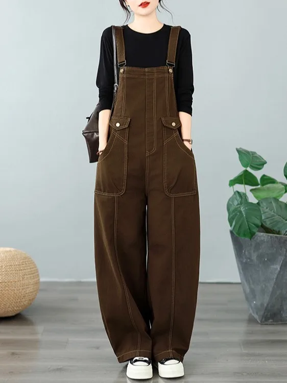plus Size Denim Jeans with Big Pockets Casual Belted Overalls Hiding Belly Anti-Aging Trendy Women's Fashion Autumn Winter