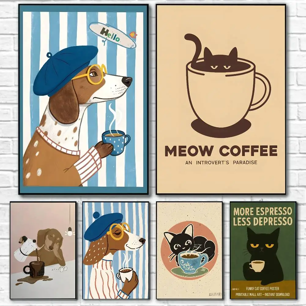 Affiche créative pour la présentation de café, chiens et chats, avec impressions, pour la décoration de la maison, de la chambre et du salon, promotion et exposition