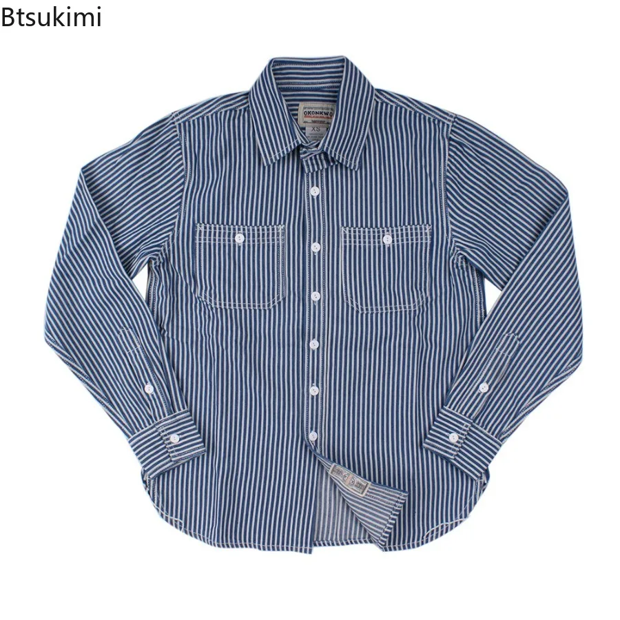 

New Men's Classic Striped Long Sleeve Shirts Double Pocket Design Loose Casual Shirt Jackets Vintage Cargo Shirt Male Streetwear