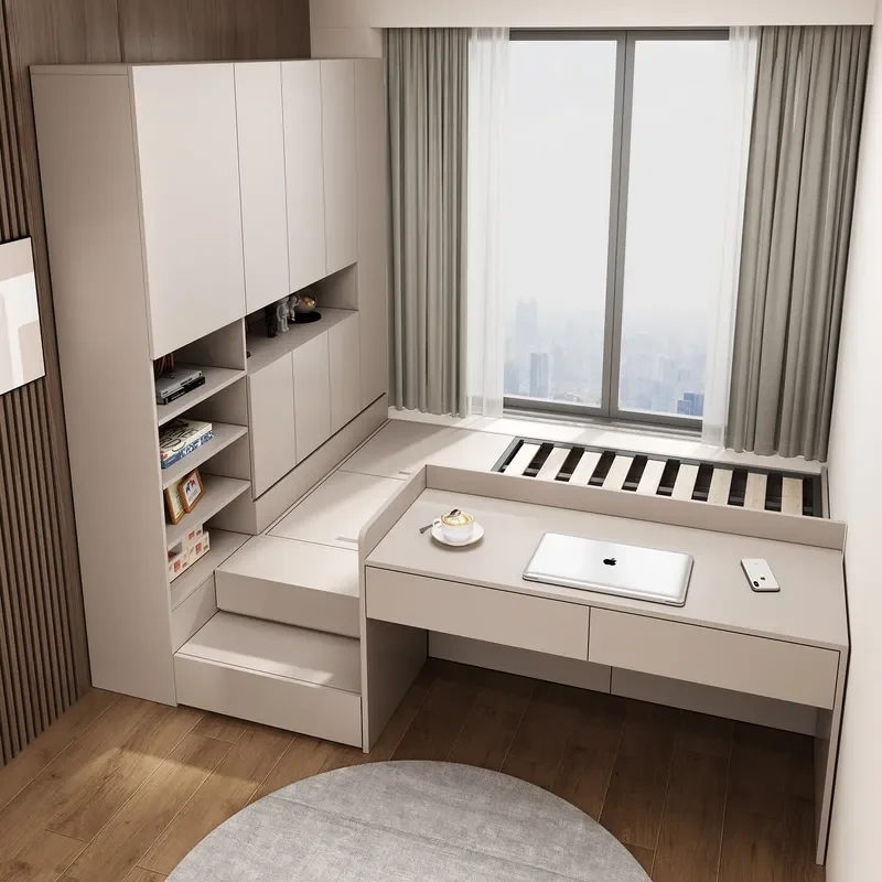 for Bedside Table Desk Integrated Small Apartment Children Room Study High Box Single Double Bed with Partition Storage