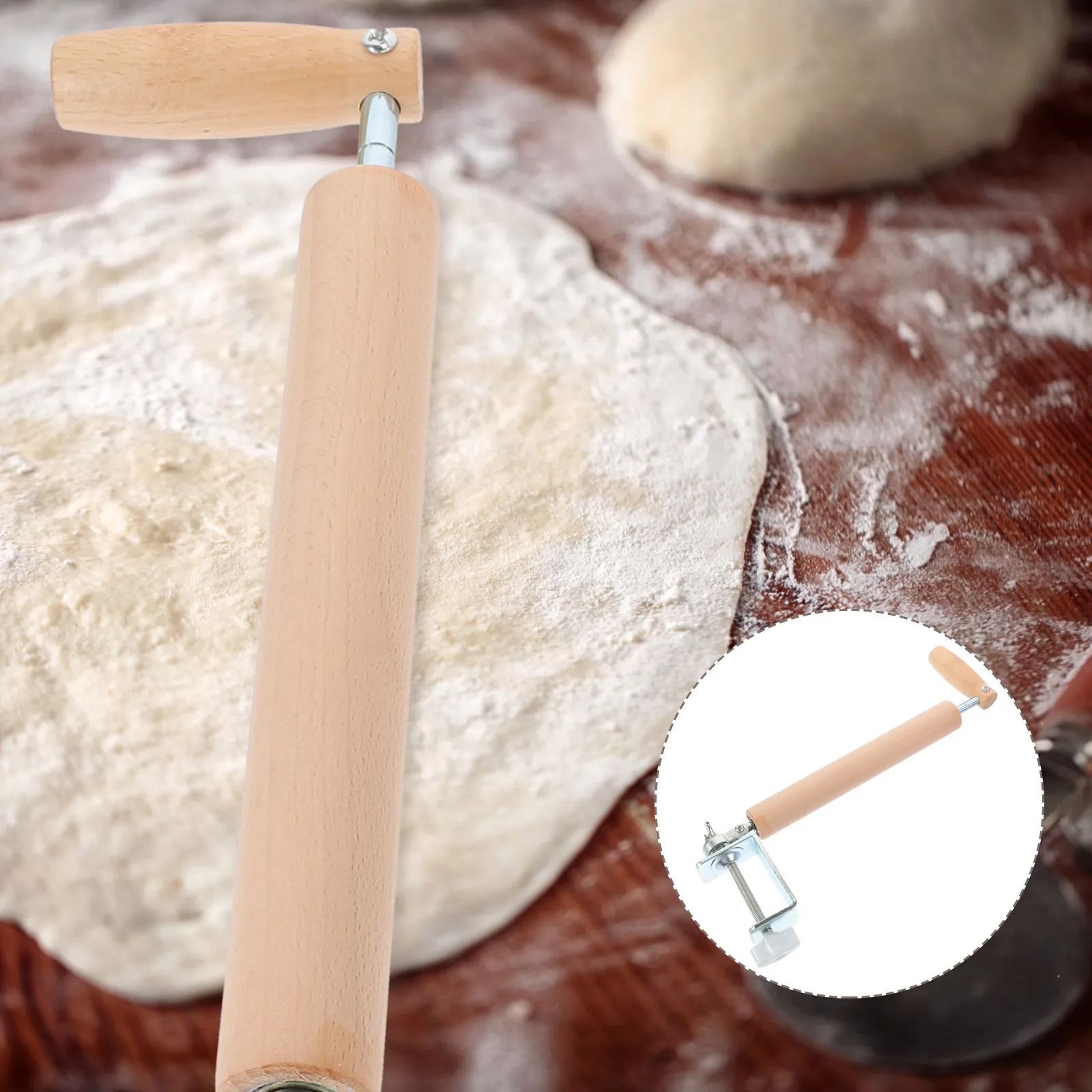 

Clamp Type Wooden Rolling Pin Home Kitchen Gadget 360 Degree Rotating Easy to Use for Dough Pastry Baking Pizza Tortilla
