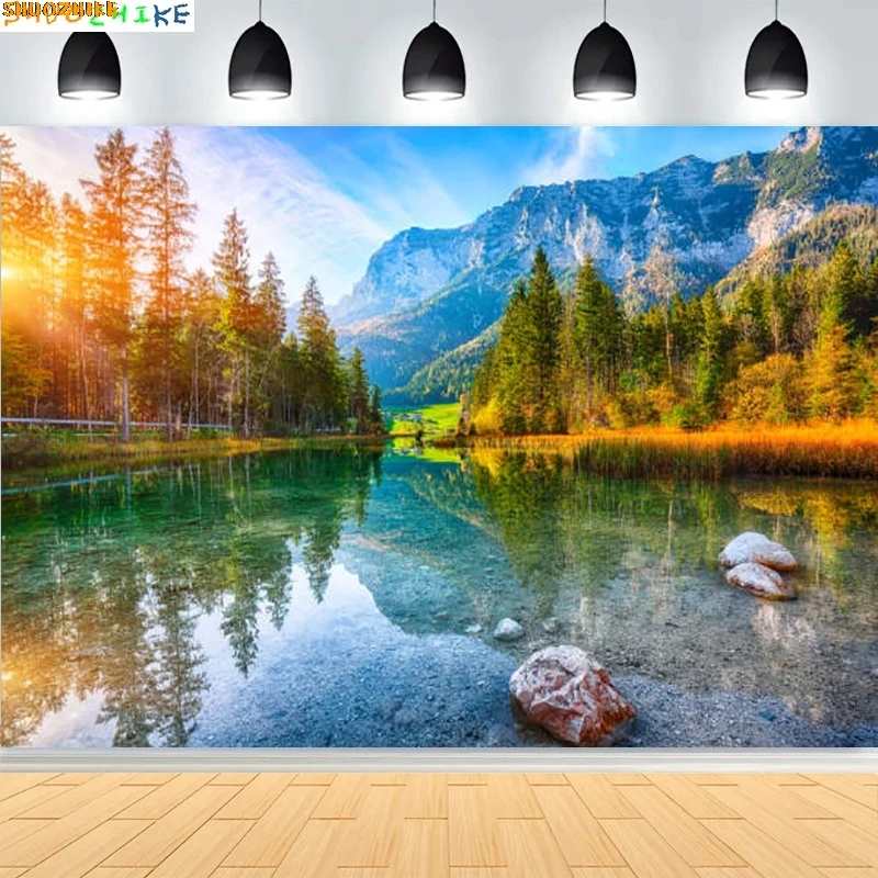 

Fantastic Autumn Natural Sunrise Photography Backdrop Mountain Lake Alpine Scenery Peaceful Party Decor Photo Background AR-02