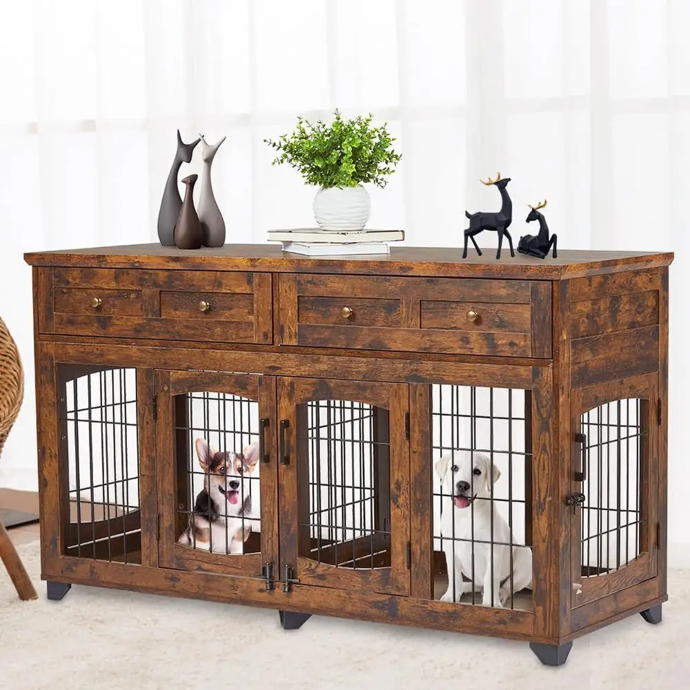 

58 Solid Wood Dual Dog Kennel End Table with Drawers & Divider for Large Breeds