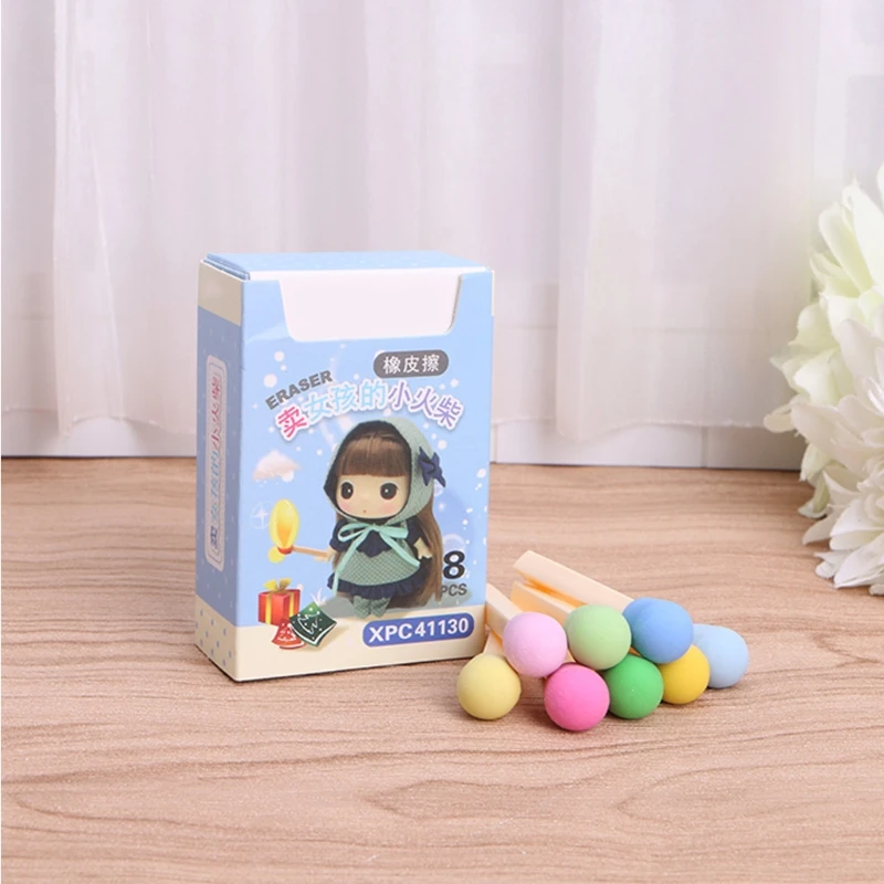 8Pcs Creactive Matchstick Eraser Colorful Pencil Rubber School Office Stationery