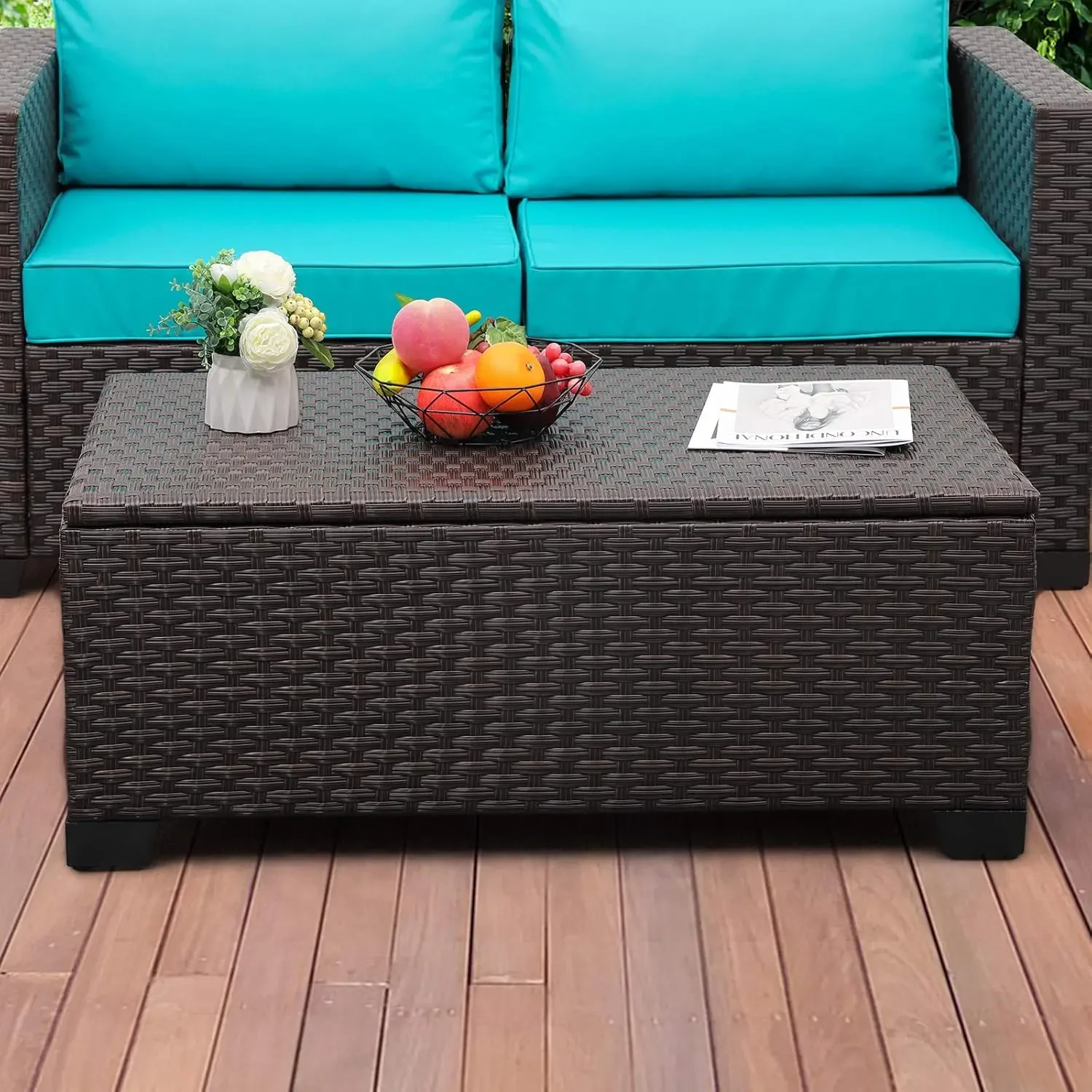 Mesa de almacenamiento al aire libre Mesa de centro de mimbre para patio Mesa auxiliar de mimbre para todo clima con cubierta impermeable, marrón