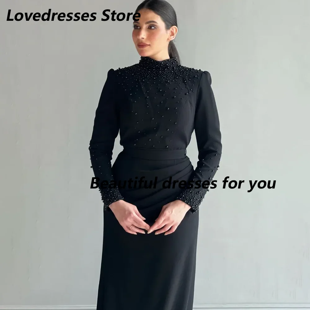 Customized Elegant Beads High Neck Prom Dresses Balck Long Sleeves Evening Dresses Saudi Arabia Floor-Length Party Dresses Women