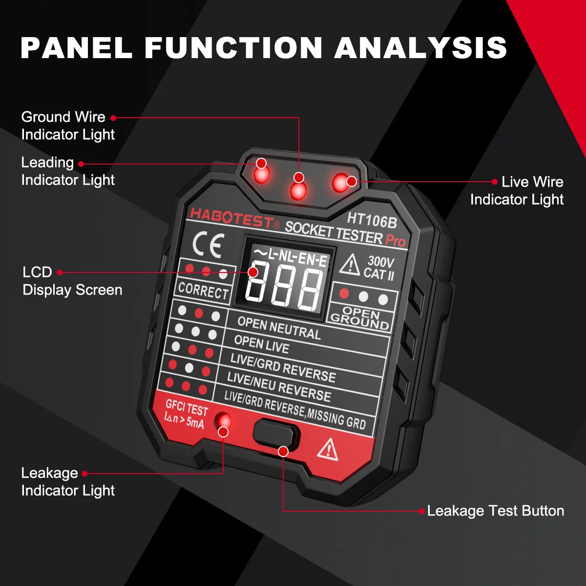 HABOTEST HT106 Socket Outlet Tester Voltage Detector Electric Circuit Breaker Finder Ground Zero Line Polarity Phase Check