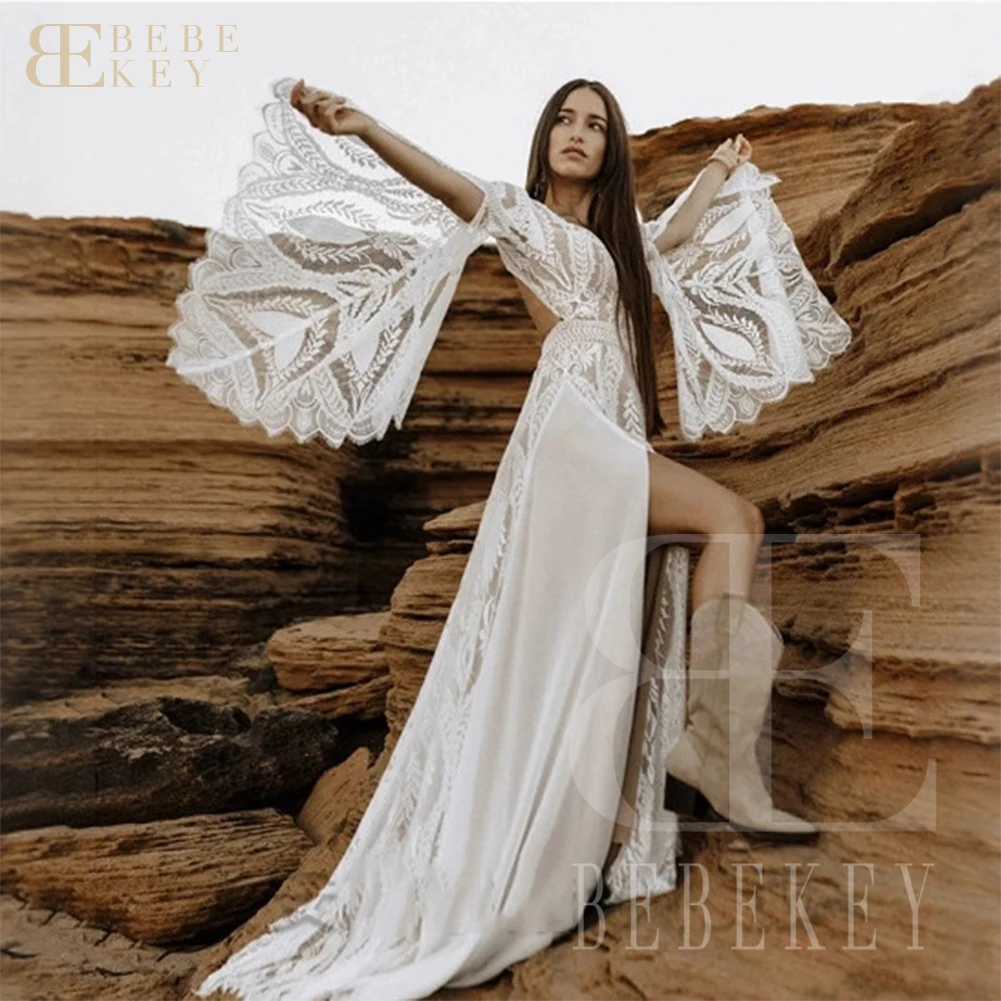 BEBEKEY Hippie Crochet Lace Wedding Dress With Slit Backless Chic Civil Bohemian Bridal Gown Gatsby Elvish Dress Customized