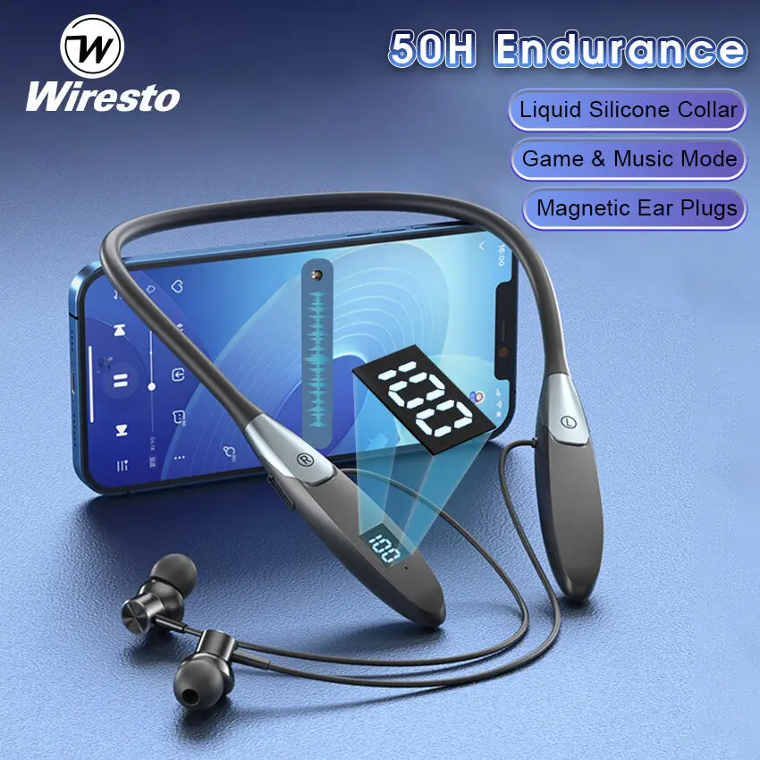 TWS Earphone Half In-Ear Headphones Bluetooth 5.3 Earphones Neck Hanging Earbuds LED Display Earbuds Waterproof Sport Earphone