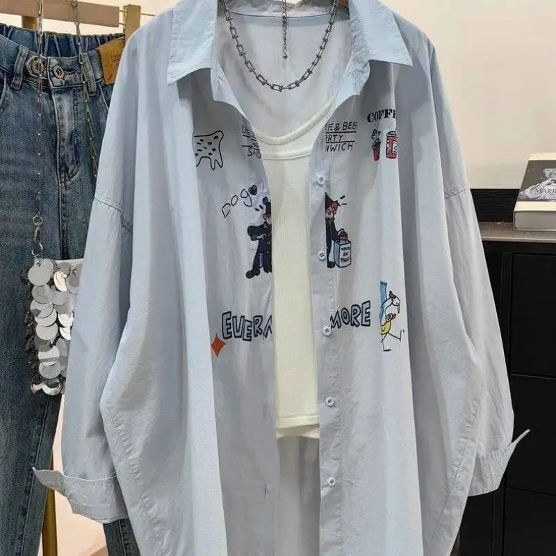

Summer Men's Loose Long Sleeve Shirt Graffiti Sunscreen Outerwear Casual Style Polyester Fiber Regular Thickness