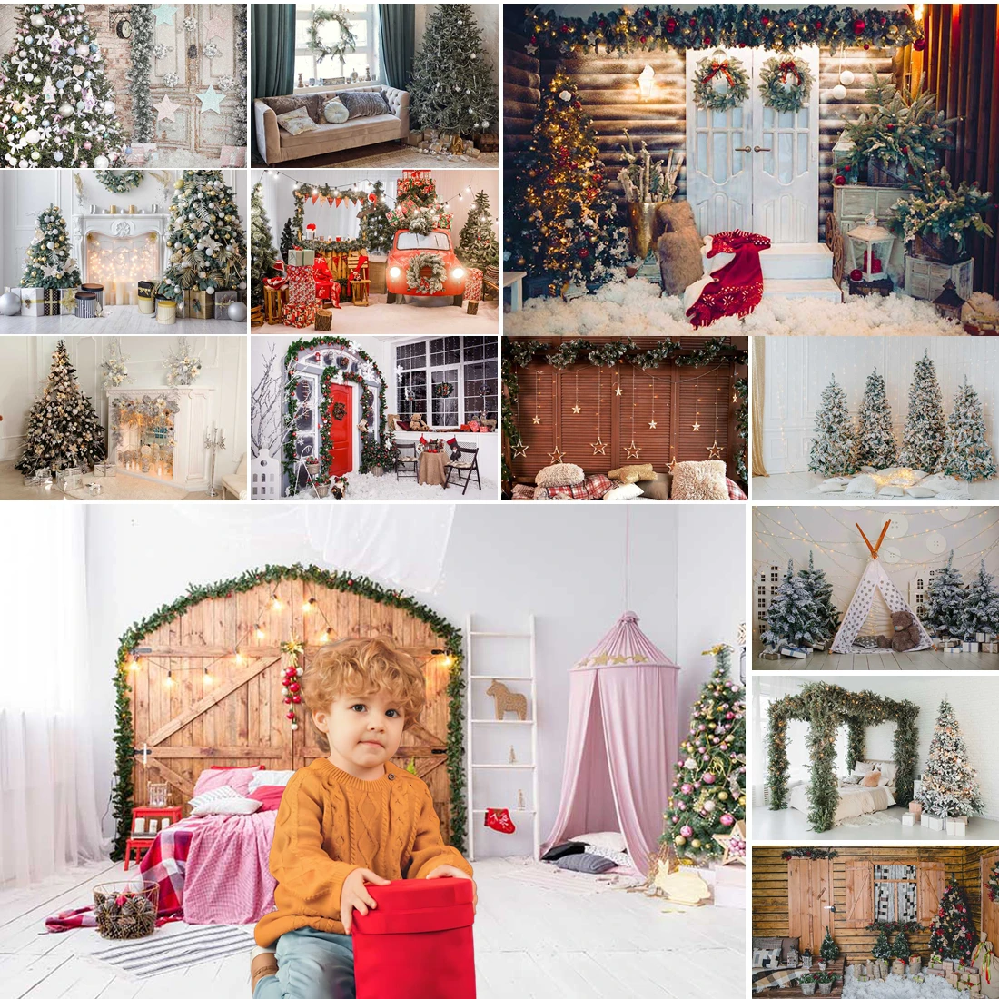 

MOON.QG Christmas New Year Background Bed Fireplace Pine Xmas Trees Backdrops For Photography Photo Studio Party Decorations