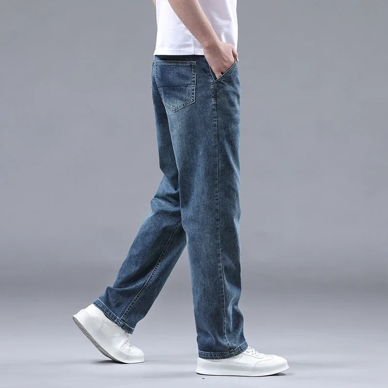 Summer New Cotton Loose Straight Jeans for Men Business Casual Stretch Soft Fabric Denim Pants Vintage Washed Male Trousers