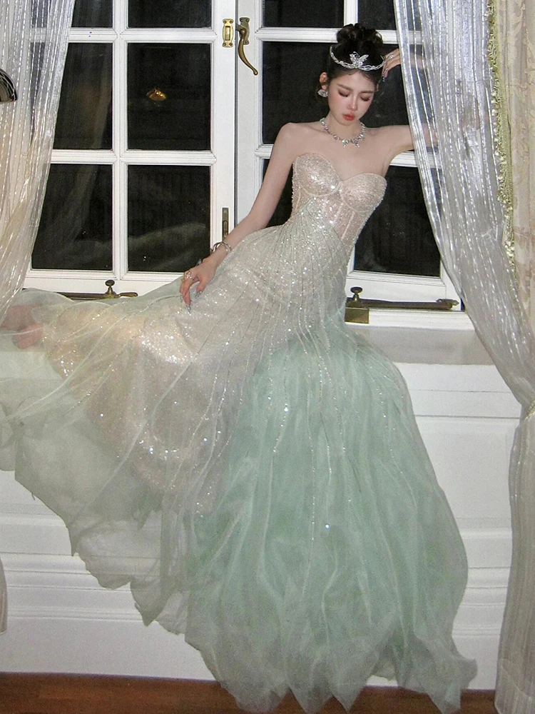 Ele Long Evening Gown with Strapl Design for Par Wedding Performance Fairy Sle Forest System Adult Ceremony