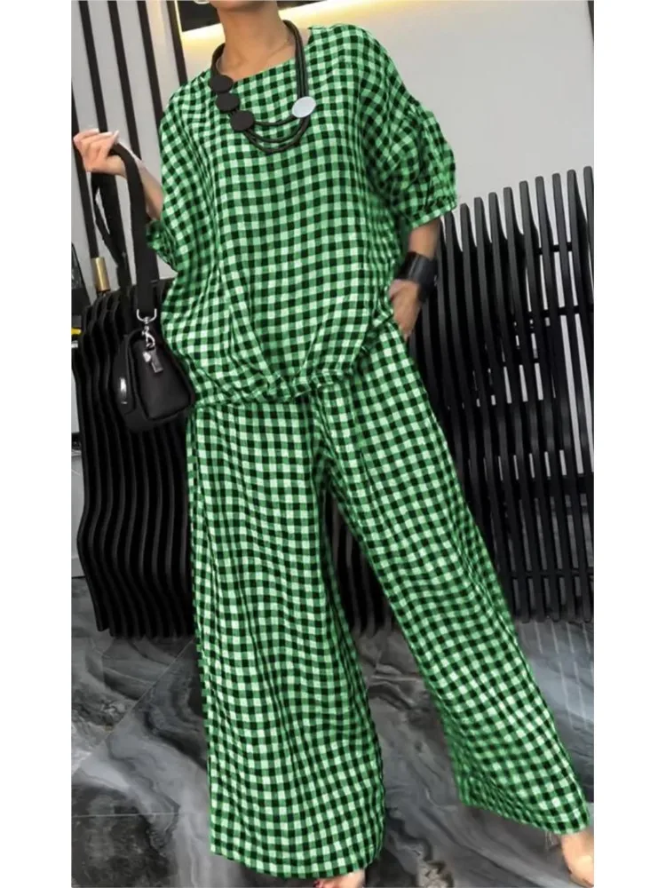 O-neck Half-sleeved Loose Top + Wide-leg Pants 2-piece Set Women's Fashion Spring Sets Autumn Plaid Printing Back Pull-out Suit