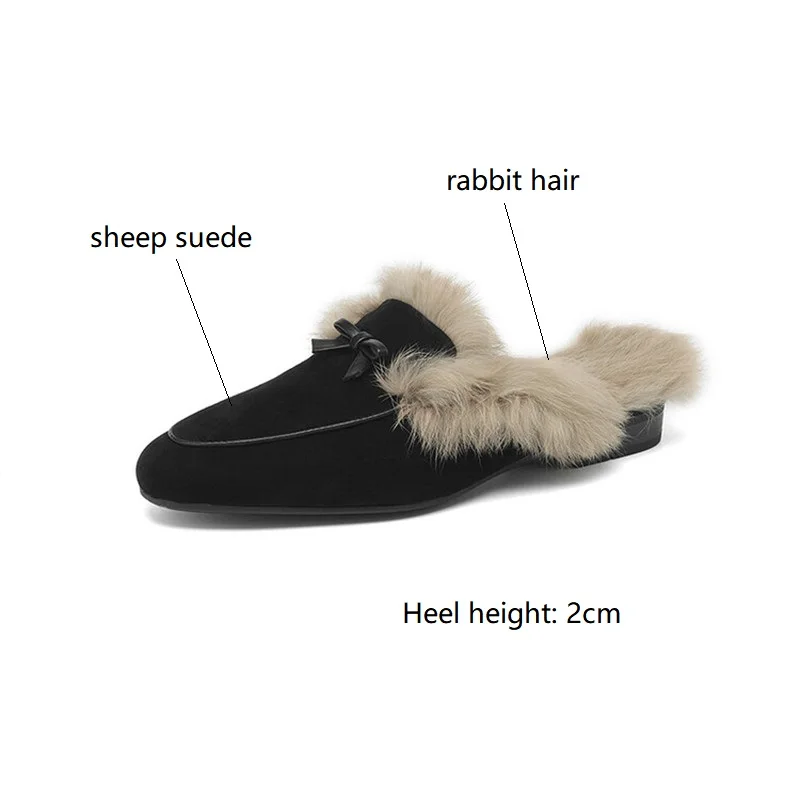 2023 Winter Sheep Suede Women Shoes Rabbit Hair Mules Shoes for Women Round Toe Slippers Chunky Heel Cover Toe Slippers Shoes