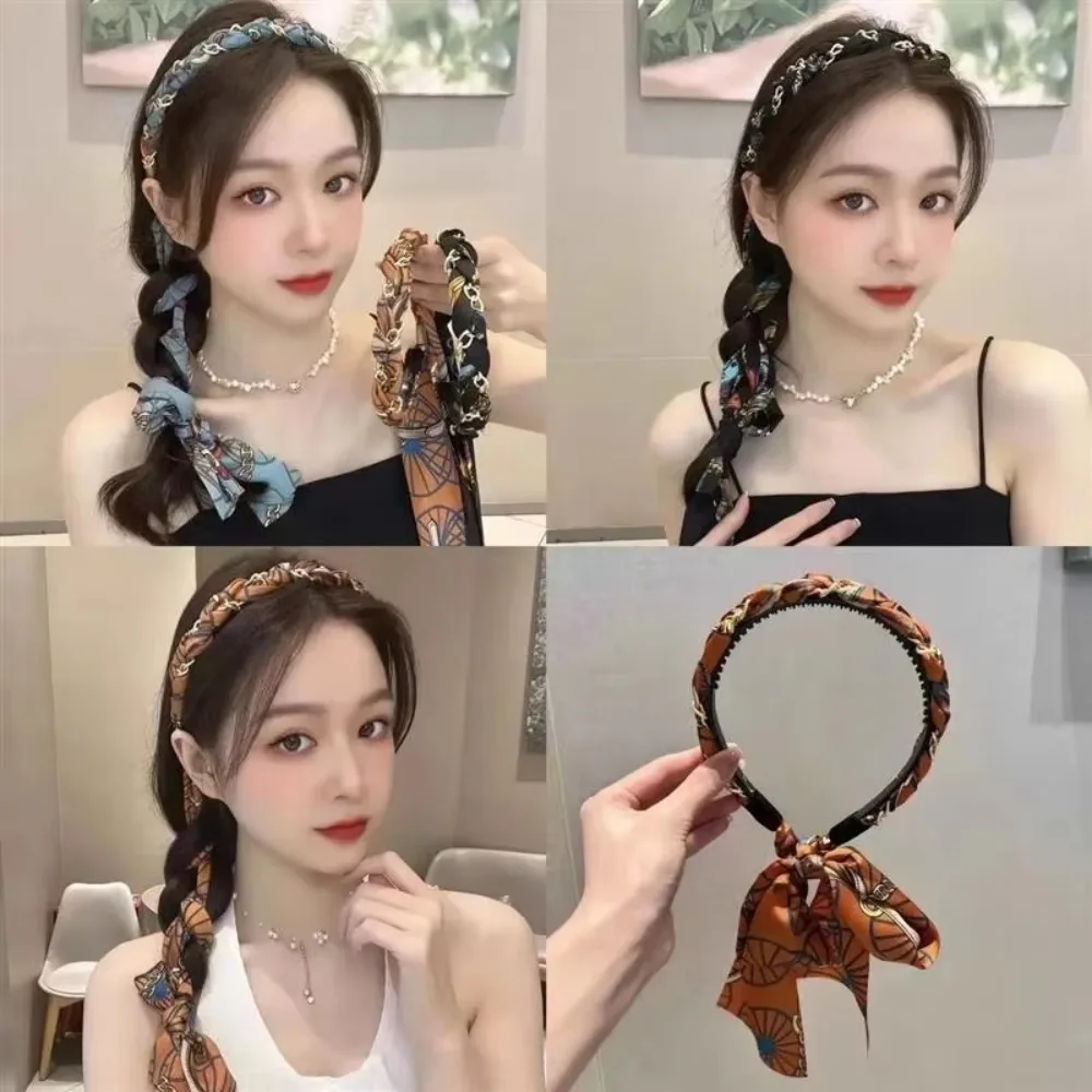 

Fashion Retro Silk Scarf Headband Adjustable Bow Pearl Braided Hairband Floral Print Long Hair Bands for Women Girls Kid