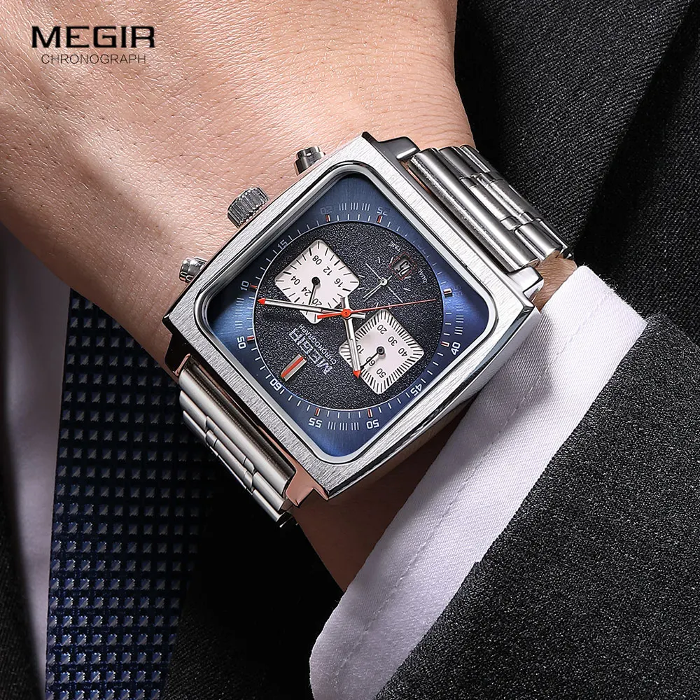 MEGIR Sport Quartz Watch Men Silver Blue Chronograph Dress Wristwatch with Stainless Steel Band Auto Date Luminous Hands 24-hour