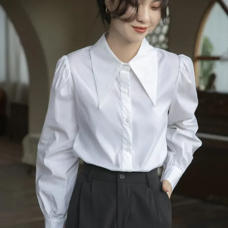 French Chic Turn Down Collar Blouse 2024 Spring Autumn Trend Women's Clothing Elegant Simple Puff Long Sleeve White Shirt 24762