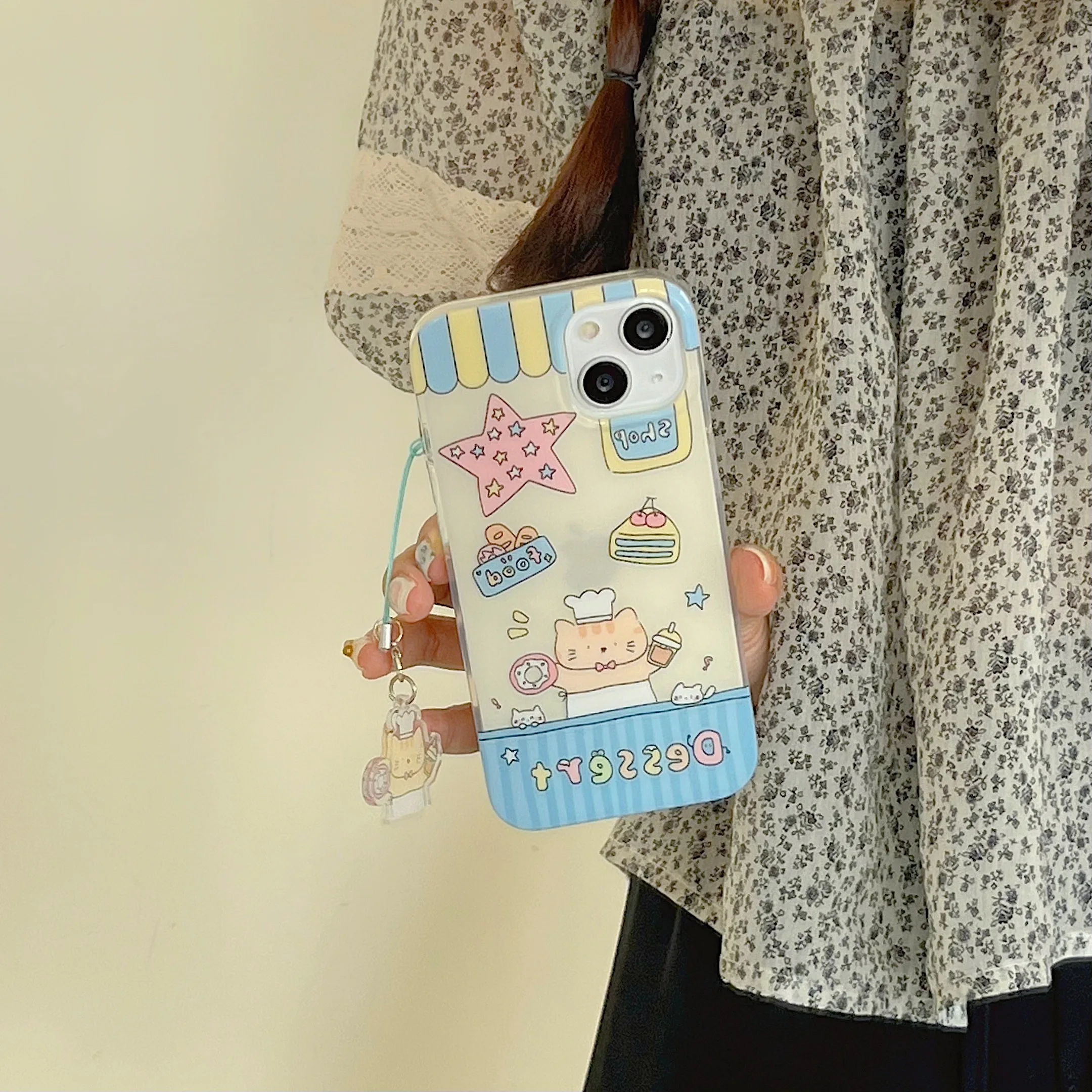 Cartoon Lovely Cat Dessert Shop Pendant Dual-layer Cute Case for iPhone 15 14 13 Pro Max Back Phone Cover for 12 11 Pro Max