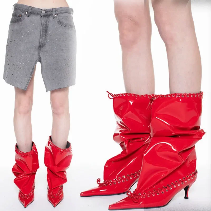 Stitching Boots Lady Rivet Lace-Up Stiletto High Heels Trouser Boots Sexy Pointed Toe Large-Size Kitten Heel Straight-Large-Tube