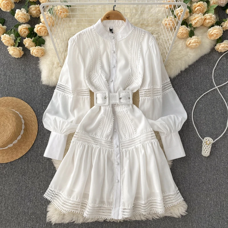 

Fashion Splice Lace Women Elegant Dress Spring Summer Single Breasted Sashes Lantern Sleeves Ladies Solid A-Line Dresses