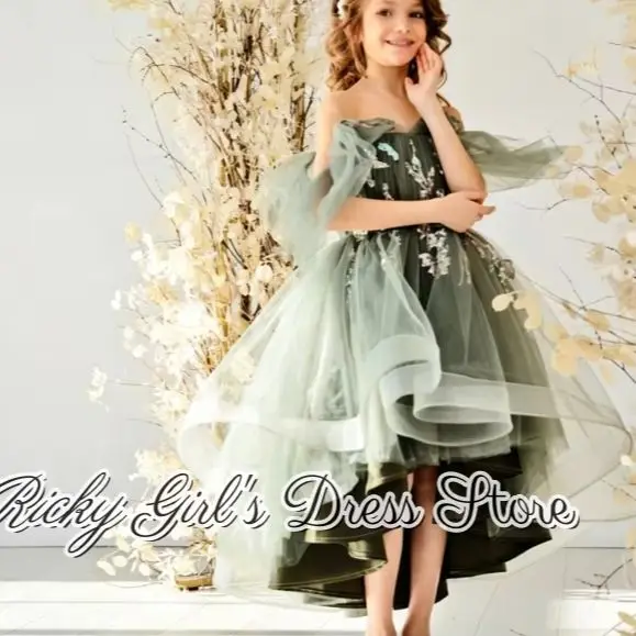 Off Shoulder Green Tulle Flower Girl Dress High Low Sequin Glitter Kids Wedding Birthday Party Formal Princess Dress Customized