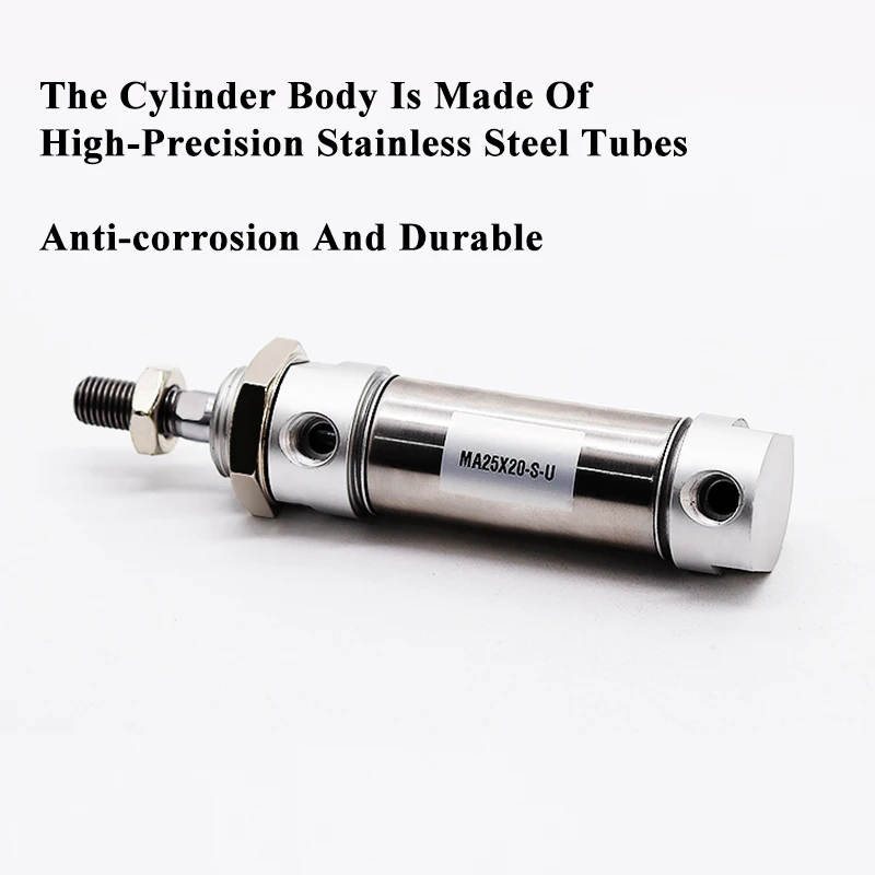 اسطوانة هوائية صغيرة تعمل بالهواء المضغوط ، مزدوجة التمثيل ، الفولاذ المقاوم للصدأ ، نهاية مستديرة ، MA16/20/25-25X50*75X100 * 125X150X200S-U