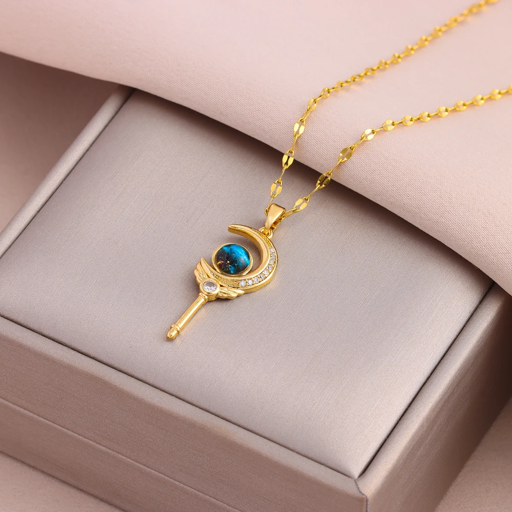 Neue Mode 18K Gold Überzogene Traum Planet Mond Zauberstab Halsketten Für Frauen Weibliche Edelstahl Schlüsselbein Kette Schmuck