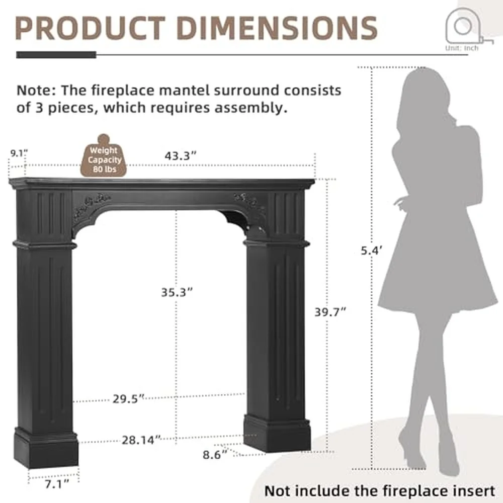 Modern Fireplace Mantel Surround Black Freestanding Surround Mantel for Electric Fireplace Waterproof & Anti Tipping