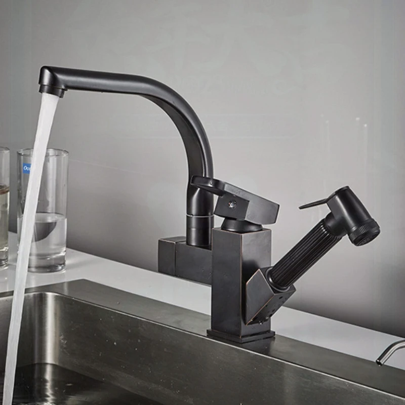 360° Rotating Stainless Steel Pull Out Kitchen Faucet Hot Cold Water Mixer Tap With High Pressure Sprayer