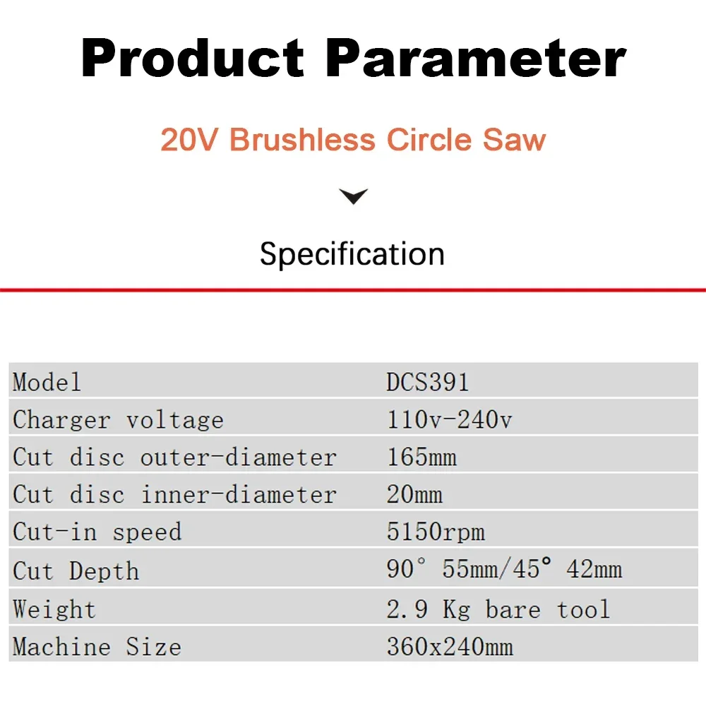 Dewalt DCS391 Wireless Circular Saw Rechargeable 20v 165x20mm Adjustable 45/90 Degree for WoodCuting Universal 18v Battery