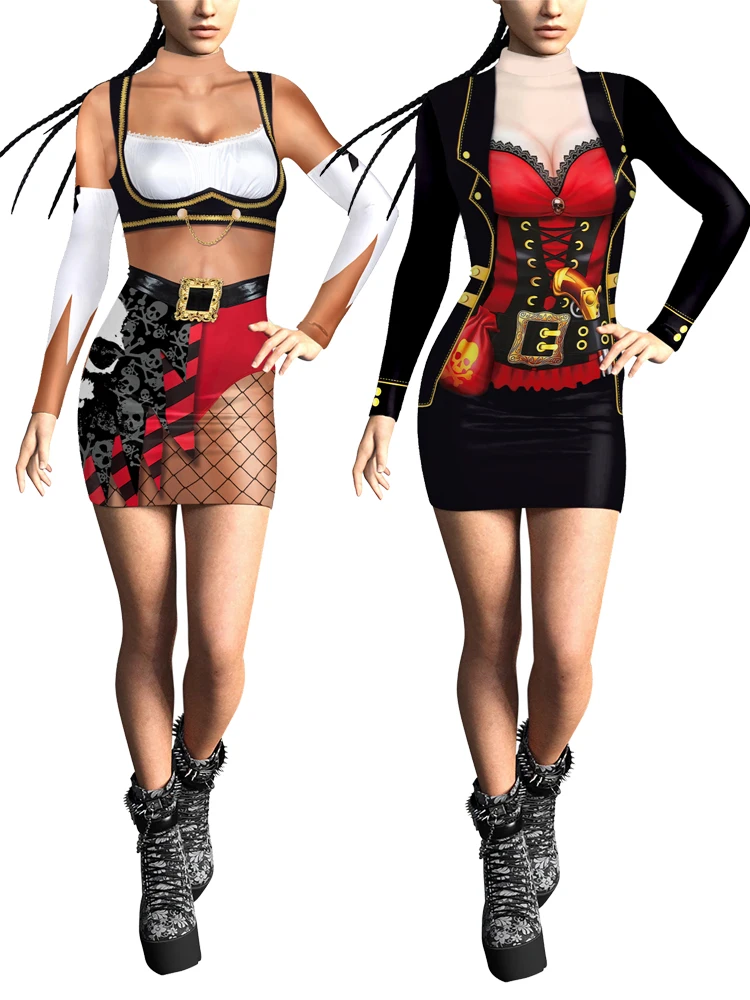 

Zawaland Halloween Cosplay Women Pirate Dress Casual Slim Long Sleeve Print Female Dress Autumn Streetwear Party Outfits Clothes