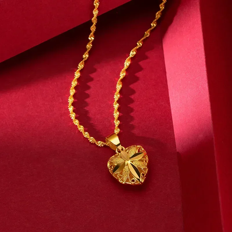 9999 24K Real Gold Love Gold Necklace Wedding Gold Ethnic Style Peach Heart Water Wave Necklace for Women