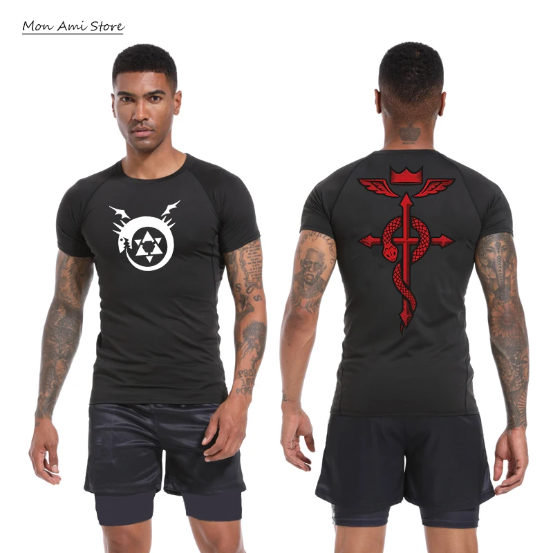 Men's Compression Shirt Anime Print Sport Quick Dry Tight Gym TShirts Fitness Elasticity Tops Tee Summer Male Rash Guard