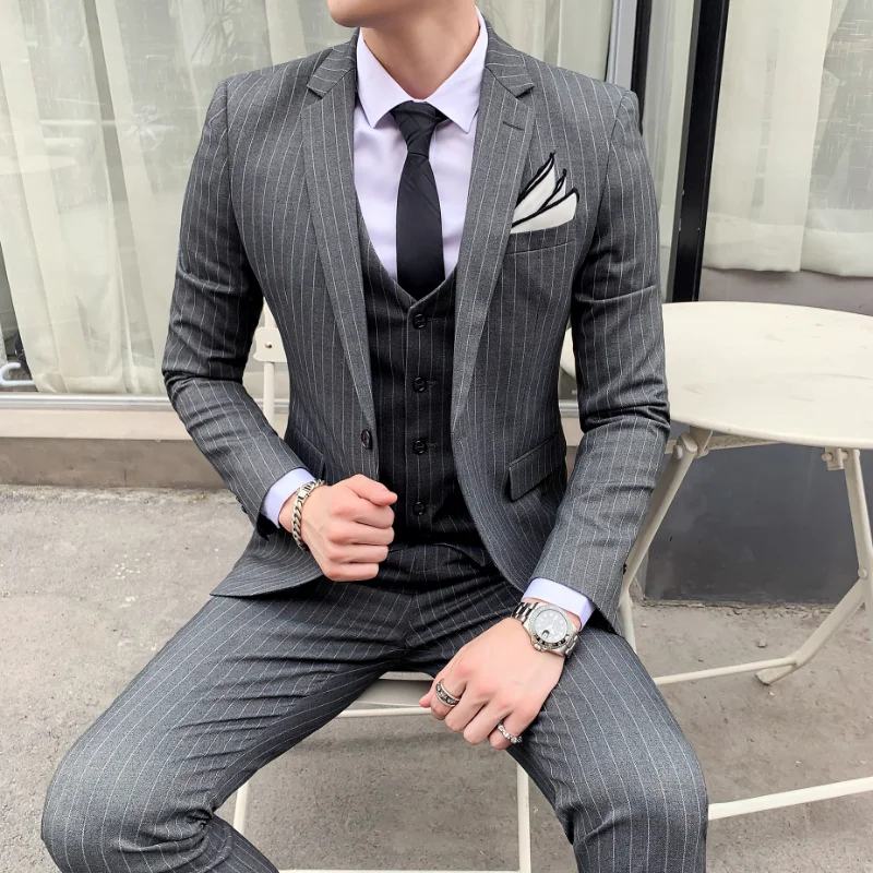 [Jacket+Vest+Pants] Classic Striped Suit Jacket Men\'s Suit Suit Men\'s Slim Tuxedo Jacket Pants Formal Dinner Wedding Groom