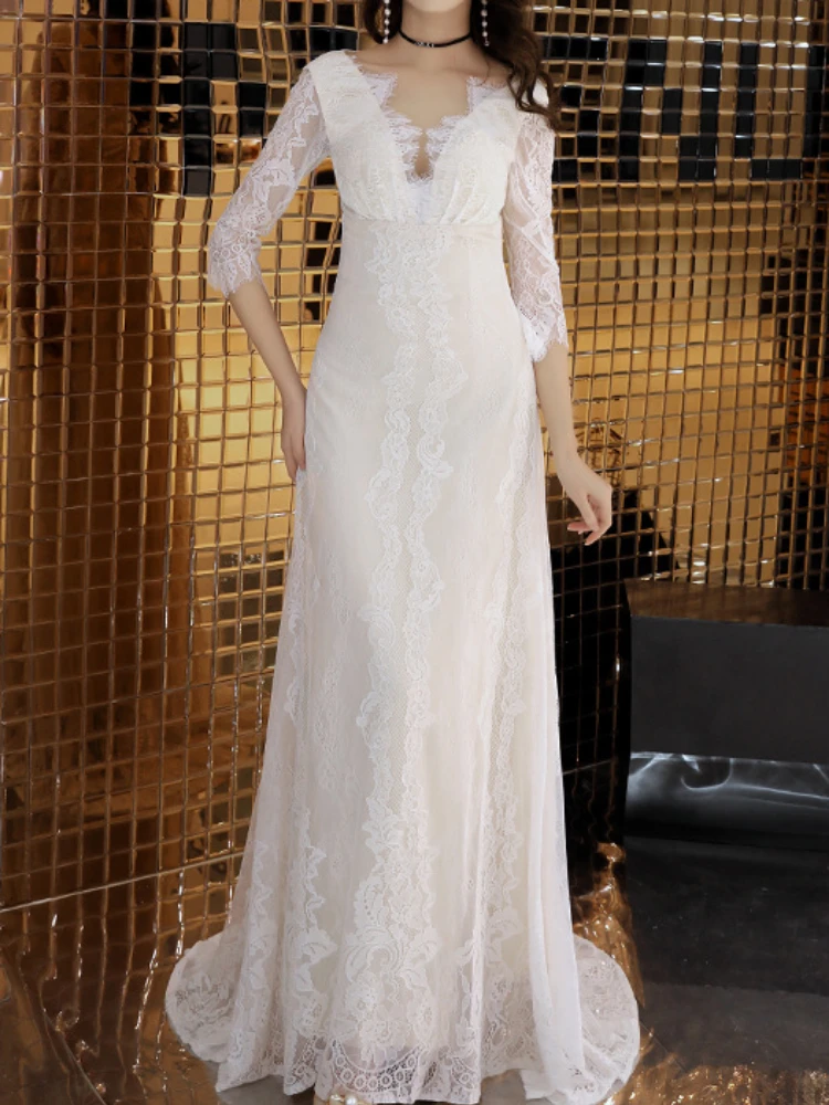 Customized Lace Elegant Long Small Tail White Deep V-neck Slim Fit Evening Dresses Temperament Half Sleeve 2024 Wedding Dresses