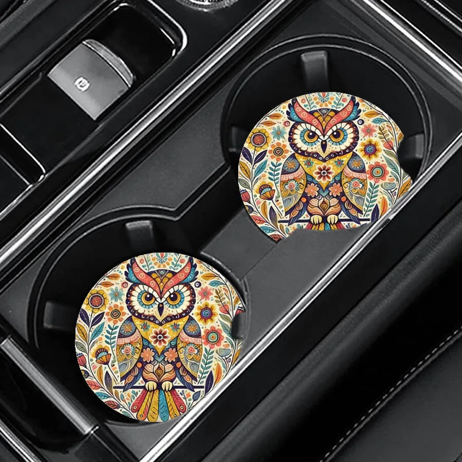 4/2 Piece Set 2D Flat Printed Owl Bohemian Style Car Cup Mat, Non-Slip Heat-Insulating Tea Cup Mat, Dining Table Anti-Scald Mat, Absorbent Creative Tea Cup Mat