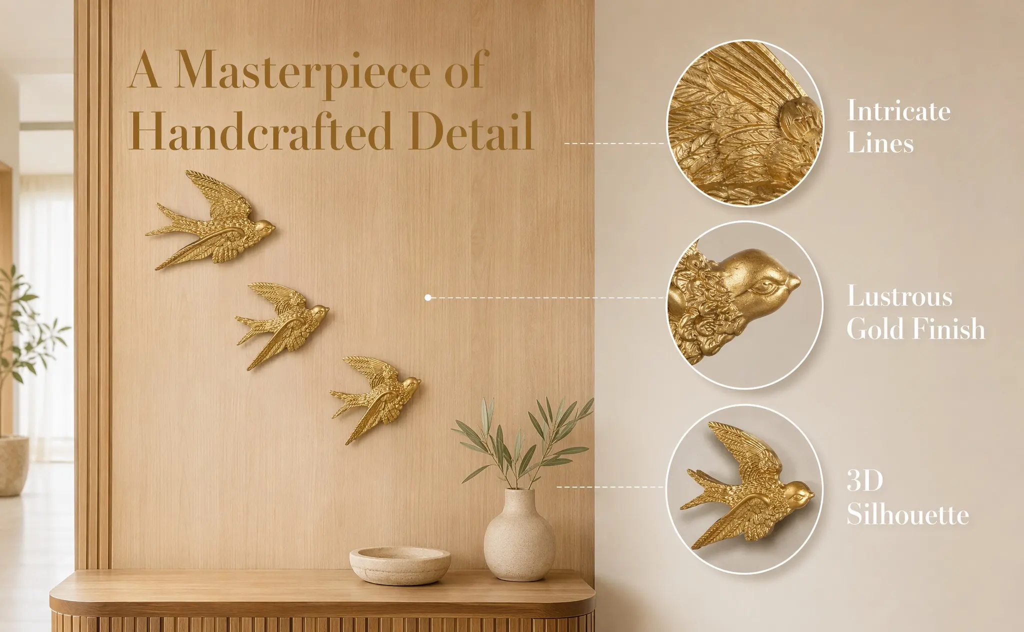 4Pcs Realistic Flying Swallow Wall Art Resin Bird Sculpture Gold Vintage 3D Hanging Decoration for Bedroom Living Room Garden