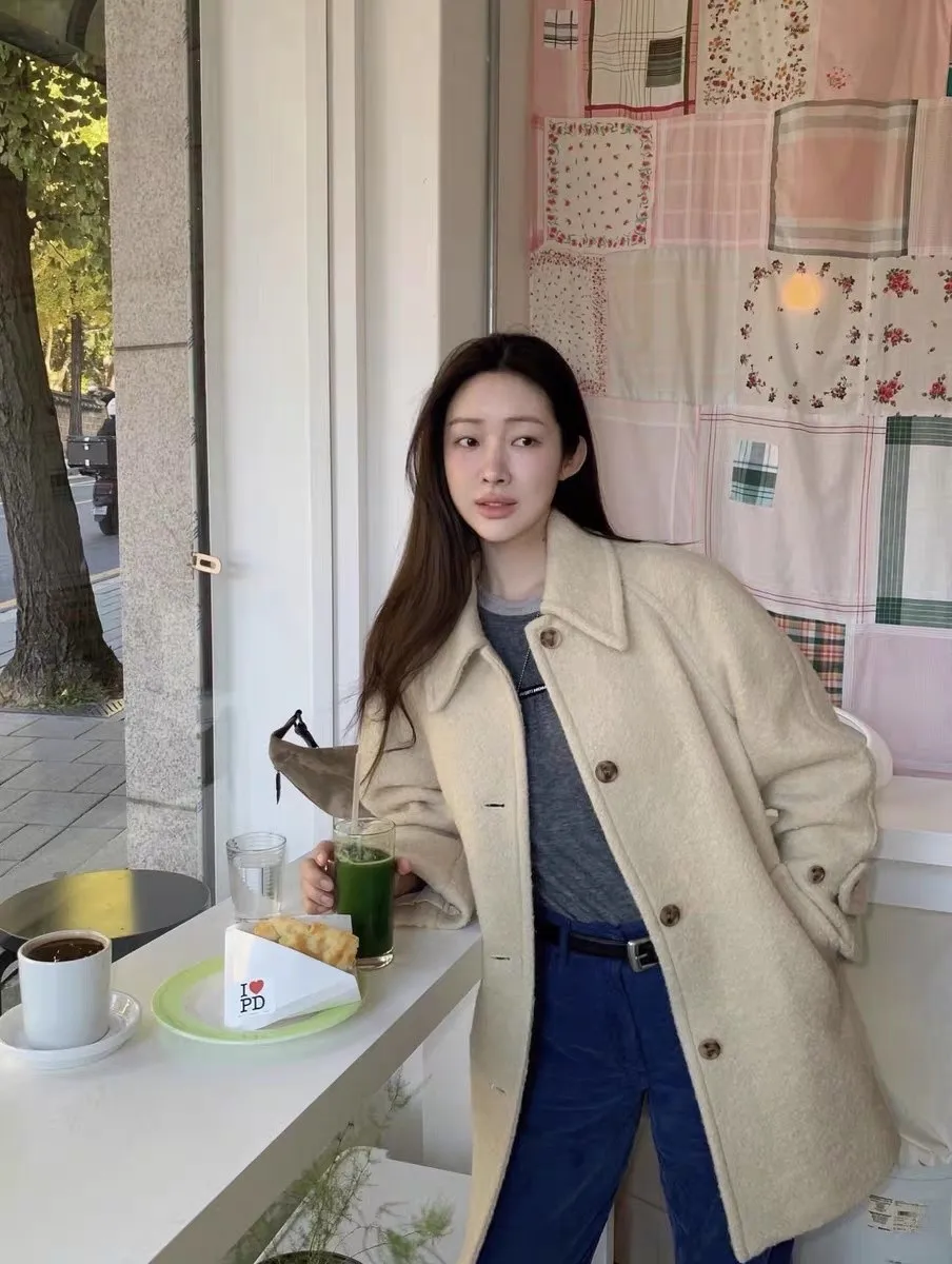 

Ele Long Woolen Coat for Women Single Button Loose Fit Turn-down Collar Straight Tube Sle Online Exclusive Winter Outer...