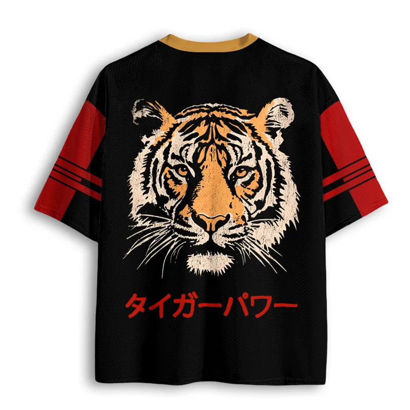 Vintage Tiger Head Graphic Mesh Jersey, Retro Wild Tiger Portrait Japanese Text V Neck Short Sleeve Sport Tee