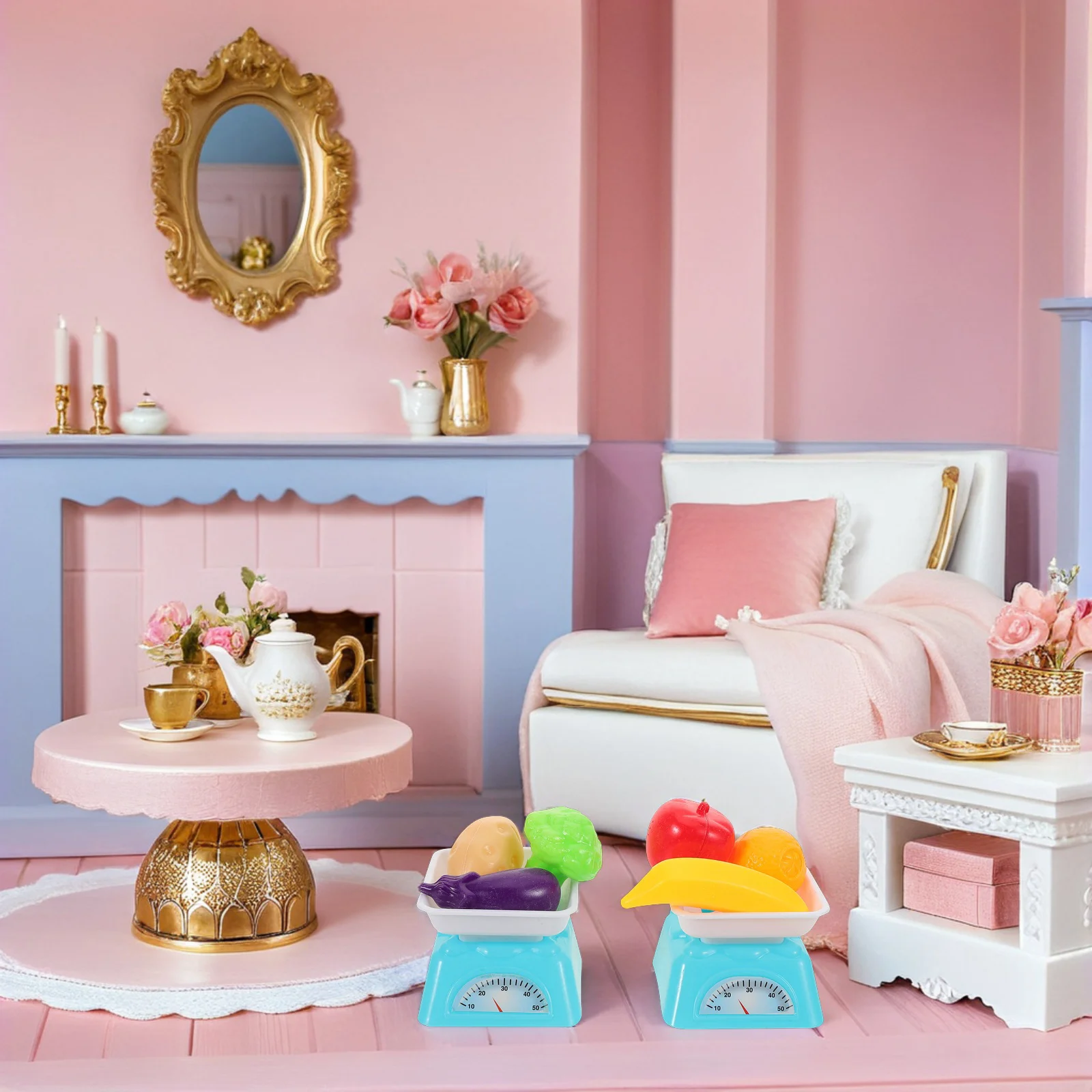 مجموعة واحدة من ألعاب المطبخ المصغرة، مقياس وزن الطعام التظاهري الواقعي بما في ذلك الفواكه والخضروات للأطفال الصغار